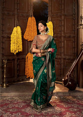 India Silk Dark Green Sarees Showcase Pure Silk Weaving Combined With Fancy Fabric