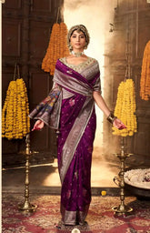 India Silk Purple Sarees Showcase Pure Silk Weaving Combined With Fancy Fabric