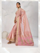 India Silk Rose Pink  Sarees Feature Premium Tissue Linen Fabric Enhanced With A Woven