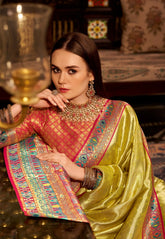 India Silk Yellow Sarees Crafted From Premium Tissue Silk Offer A Luxurious Blend Of Softness