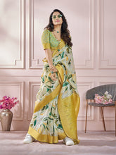 India Silk Yellow And White Fancy Fabric offers a luxurious blend of texture and color, perfect for adding elegance