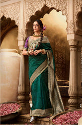 India Silk Dark Green Silk Sarees Are Crafted From Soft Banarasi Silk Fancy Fabric Featuring A Beautiful Lace
