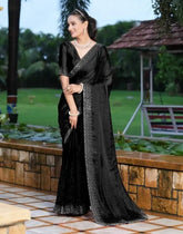 India Silk Black Sarees Featuring Beautiful Rangoli Patterns Enhanced With Swarovski Work On The Saree And Border