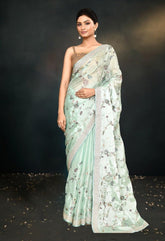 Mint Green Saree with Exquisite Hand-Embroidered Satin Silk