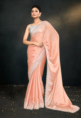 Sweet Peach Saree with Exquisite Hand-Embroidered Satin Silk