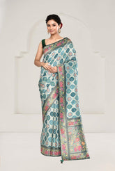 Light Aqua Tussar Silk Saree with Kalamkari Art