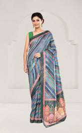 Teal Tussar Silk Saree with Kalamkari Art