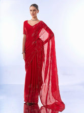 Ruby Red Satin Chiffon with Intricate Stonework