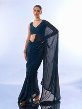 Navy Blue Satin Chiffon with Intricate Stonework