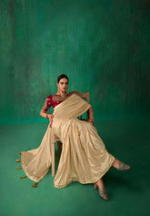 Beige Satin Jacquard Saree with Embroidered Blouse