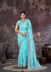 Elegant Sky Blue Embroidered Organza Net Saree with Stone Work – Party & Wedding Wear (Copy) (Copy) (Copy)