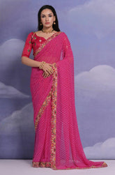 Vibrant Pink Georgette Saree with Bandhani Pattern