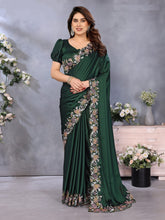 Embroidered Designer Bottle Green Saree with Blouse Piece UK