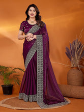 Purple Embroidered Partywear Saree with Silver Border – Premium Designer Indian Saree