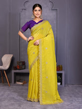 Yellow Embroidered Saree with Purple Blouse | Indian Party Wear Saree UK