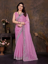 Dusty Pink Net Saree with Silver Embroidery – Elegant Party Wear Saree UK