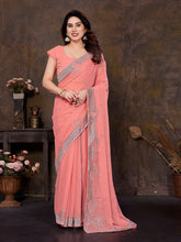 Peach Net Saree with Elegant Silver Embroidery – Party Wear Saree UK