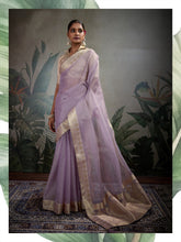 Elegant Pastel Tissue Silk Lavender colour Saree with Rich Woven Border – Lightweight Luxury Indian Ethnic Wear