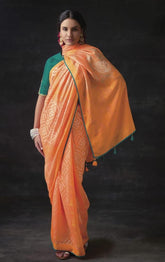 Orange Bandhani Saree with Green Blouse | UK Ethnic Wear
