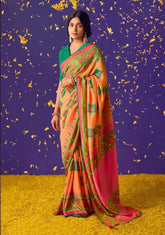 Orange Silk Saree with Green Motifs | Indian Sarees UK