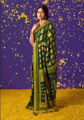 Green & Mustard Silk Saree with Geometric Design | UK