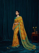 Yellow Saree with Teal Border | Indian Sarees UK