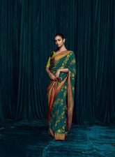 Teal Green Floral Saree with Contrast Border | UK