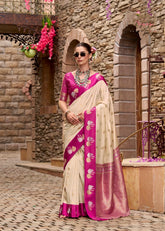 Cream Luxury Handwoven Saree with Elegant Traditional Motifs | Festive & Wedding Wear Masterpiece