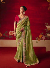 Olive Green Embroidered Designer Sarees for Women | Wedding Sarees UK