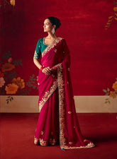 Wine Embroidered Designer Sarees for Women | Wedding Sarees UK