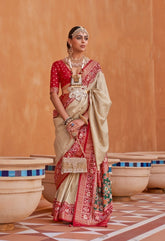 Cream Designer Silk Saree with Traditional Border | Wedding Wear UK