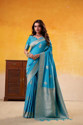 Firozi Elegant Banarasi Silk Saree with Woven Gold Motifs | UK