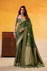 Green Elegant Banarasi Silk Saree with Woven Gold Motifs | UK