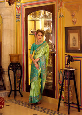 Green Banarasi Silk Saree with Multicolour Woven Border