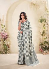 Ivory Checked Cotton Saree for Women | Lightweight Everyday Indian Saree UK