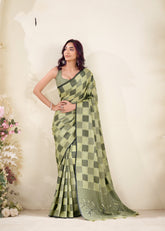 Green Checked Cotton Saree for Women | Lightweight Everyday Indian Saree UK