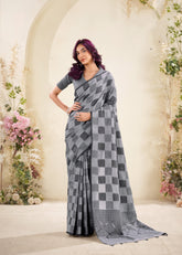 Grey Checked Cotton Saree for Women | Lightweight Everyday Indian Saree UK