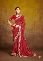 Red Embroidered Saree with Gold Border | Wedding & Festive Saree UK
