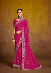 Pink Embroidered Saree with Gold Border | Wedding & Festive Saree UK