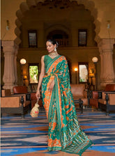 Green and Orange Traditional Saree with Printed Design | Indian Ethnic Wear UK