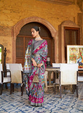 Grey Multicolour Traditional Saree with Printed Design | Indian Ethnic Wear UK