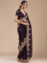 Wine Embroidered Designer Saree with Blouse – Wedding & Party Wear