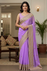 Lavender Embroidered Saree with Gold Border – Elegant Indian Party Wear - UK