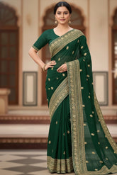 Emerald Green Embroidered Saree with Gold Border – Elegant Indian Party Wear