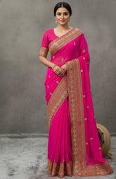 Pink Embroidered Saree with Gold Border – Elegant Indian Party Wear