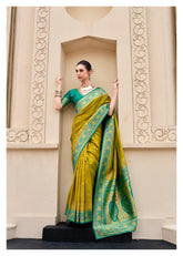 Olive Green Banarasi Silk Saree with Zari Border | Traditional Indian Ethnic Wear