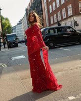 Red Georgette Elegant Street Fashion Portrait | Modern Ethnic Outfit Inspiration for Women