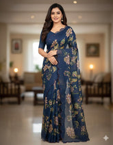 Nevy Blue Floral Embroidered Saree | Designer Indian Saree UK