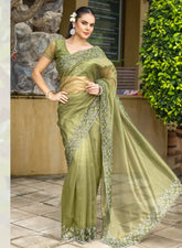 Olive Green Embroidered Organza Saree with Blouse – Lightweight Party Wear Saree for Weddings & Festive Occasions (UK Indian Collection)