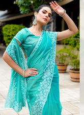 Sky Blue Color Embroidered Organza Saree with Blouse – Lightweight Party Wear Saree for Weddings & Festive Occasions (UK Indian Collection) (Copy) (Copy)